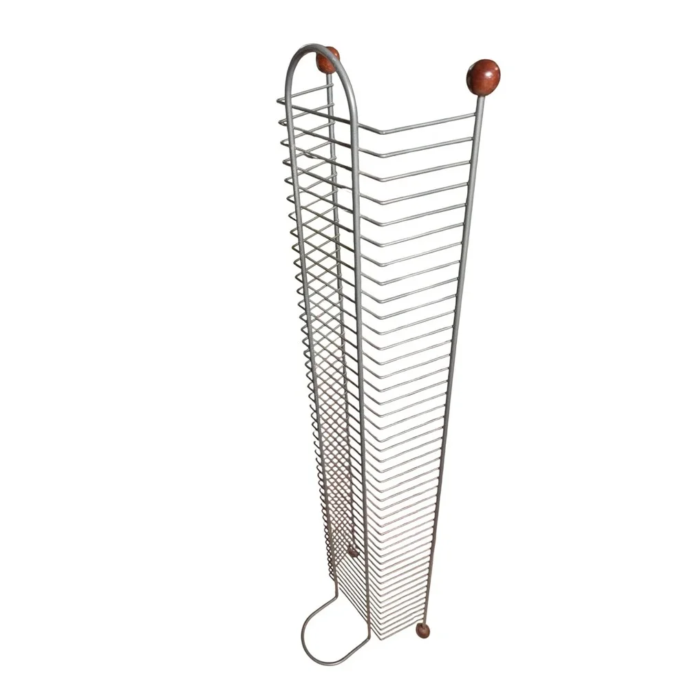 Vintage Metal Wire DVD Media Tower Rack Holds 45 Games Silver Wood Ball 38